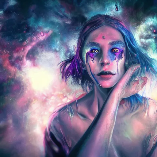 Prompt: ephemeral eldritch beings partying, rave, cosmic imagery, intense emotion, emotional fantasy concept art, photography hyperrealism, 3d rendering, detailed eyes