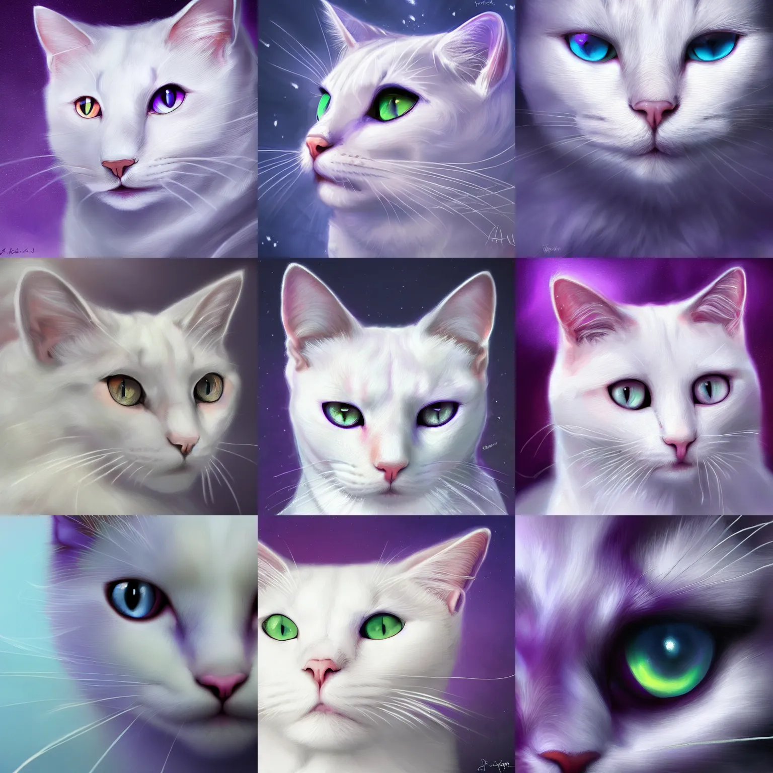Prompt: portrait of a white cat with purple eyes. closeup, intense look. lighting, clouds, bloom. fantasy, digital painting, hd, 4 k, detailed.