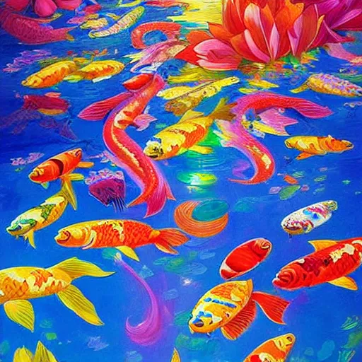 Image similar to a bouquet of colorful flowers, flowers with very long petals,afternoon sunlight, hard light and long shadows, neon glowing, vivid, koi fish flying around detailed painting, by James Jean and Ross Tran, masterpiece, award winning painting