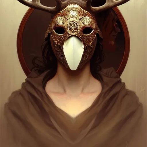 Prompt: Portrait of moose wearing an anonymous mask, fantasy, intricate, elegant, highly detailed, digital painting, artstation, concept art, smooth, sharp focus, illustration, art by Krenz Cushart and Artem Demura and alphonse mucha