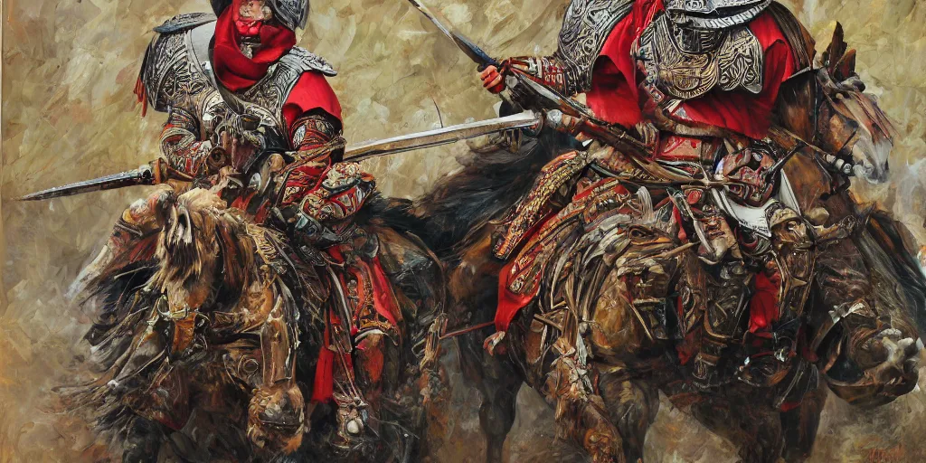 Image similar to painting of a balkan tatar knight, hyper detailed, oil on canvas