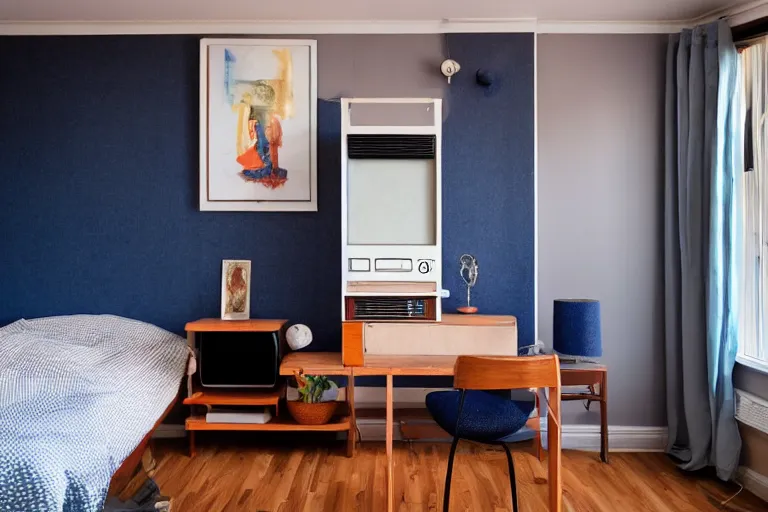 Prompt: an apartment with a small bed, big desk, two wooden wardrobes, a little wodden side table, a window, desk fan, table light, and an old TV, navy blue carpet, and a ceiling fan gives off a dim orange light