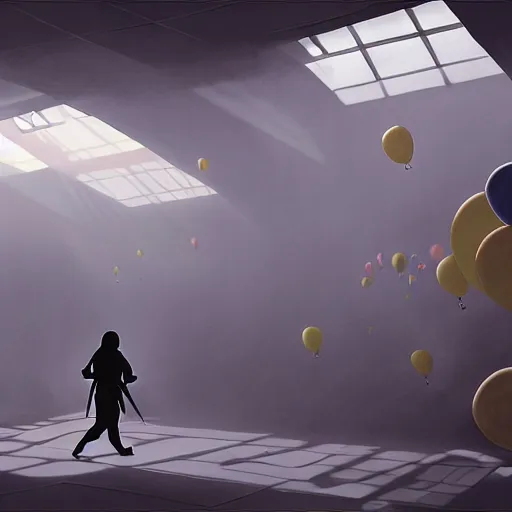 Prompt: digital painting of a ninja in a room made of baloons , concept art, by Ralph mcquarrie, sunlight pouring through window, huge scale, high detail, futuristic, godrays, volumetric lighting, warm lighting