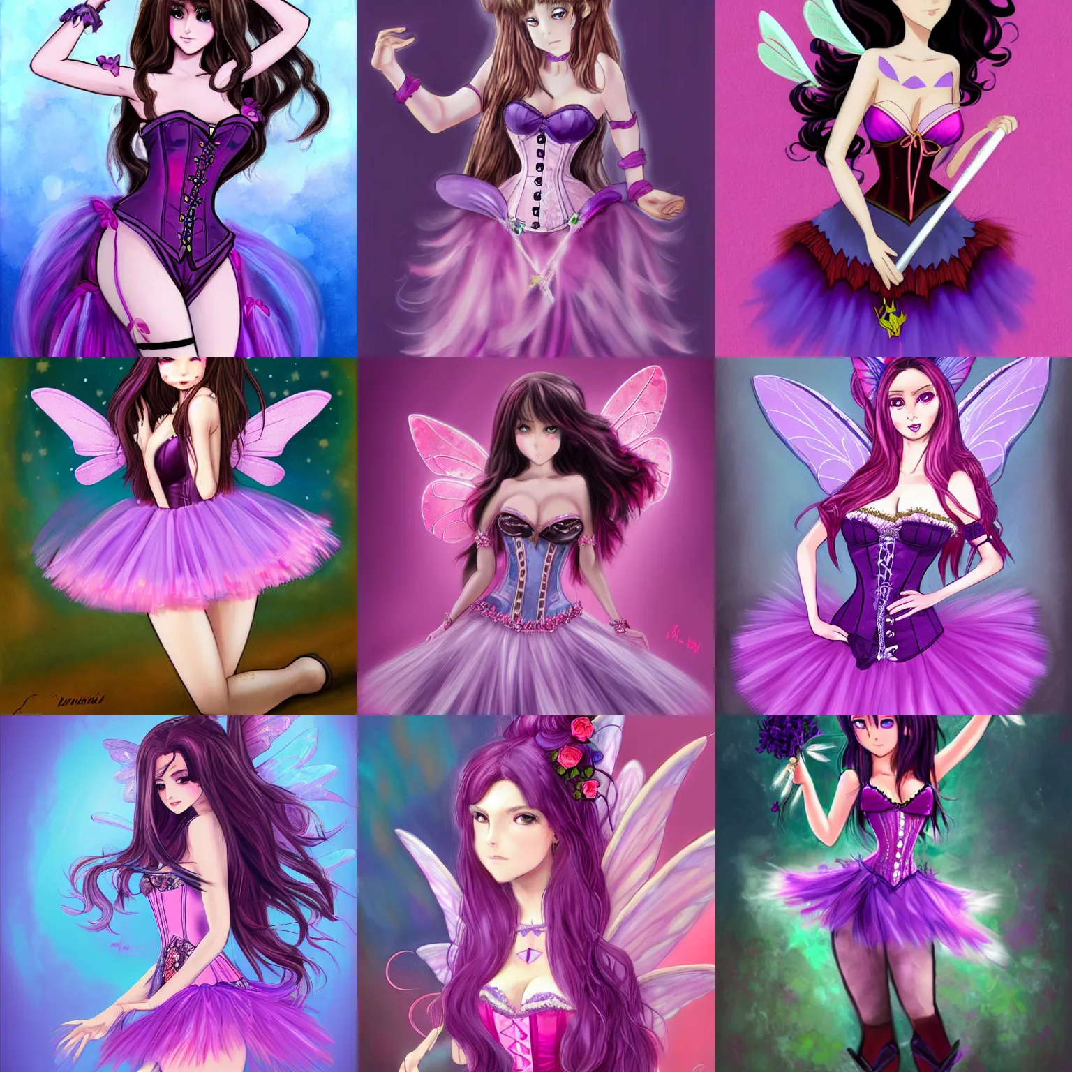 Prompt: brunette fairy woman with long hair, wearing a purple corset and pink tutu, centered, anime, highly detailed, digital painting, trending on pixiv, concept art, sharp focus, illustration, art by chloe schmid, blue background