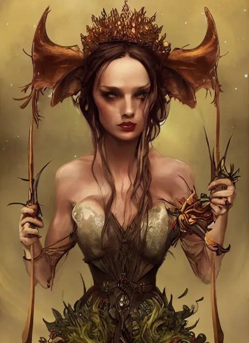 Image similar to tarot!!, fairy queen, fantasy medieval, no noise, elegant, concept art, sharp focus, beautiful face!!, digital art, smooth defined outlines!!, by Brom, trending on Artstation, Tom Bagshaw, Sargent