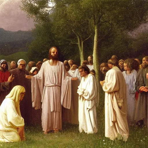 Prompt: A painting depicting the resurrection of Jesus Christ, (Jean Jules Linden), Peter Ilsted, (((flowers)))