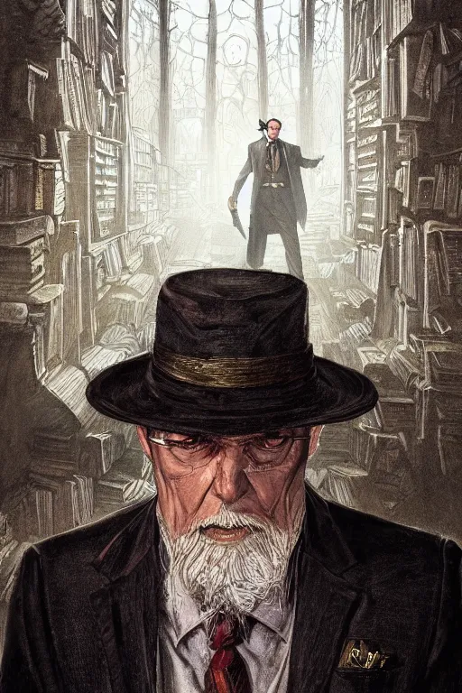 Prompt: heroic urban fantasy character study, modern occultist, realistic sharp details, magical realism, tailored suit and hat, rpg book portrait, haunted library background, by greg rutkowski and larry elmore