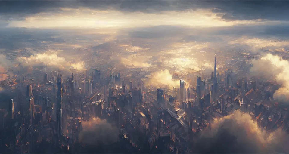 Image similar to city in the clouds, aerial view, first light, panorama, by greg rutkowski, artstation