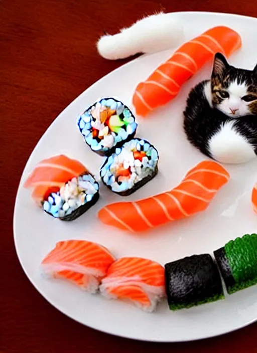 Image similar to clear photorealistic picture of adorable cats made out of sushi