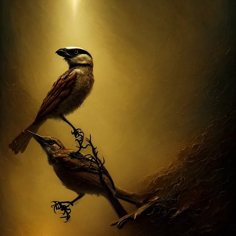 Prompt: epic professional digital art of startling thorned shrike, faint golden moody atmospheric lighting, painted, intricate, detailed, detailed, foreboding, by leesha hannigan, wayne haag, reyna rochin, ignacio fernandez rios, mark ryden, iris van herpen,, epic, stunning, gorgeous, much wow, cinematic, masterpiece.