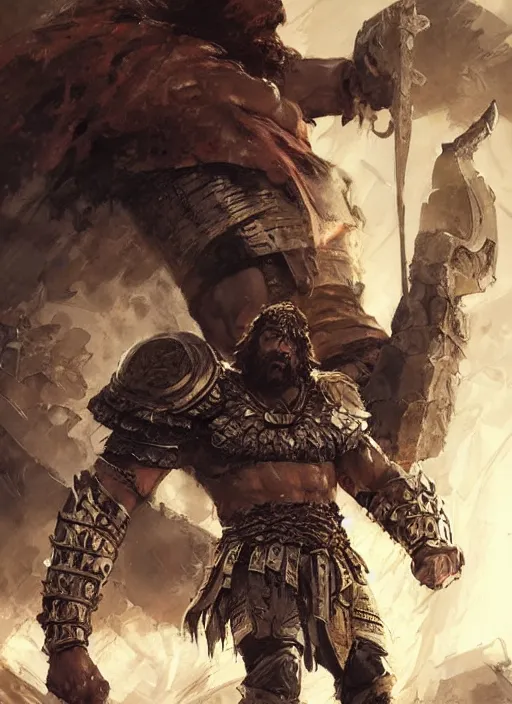 Image similar to ancient historically accurate depiction of the Bible Character Goliath of Gath, the Philistine warrior giant in ancient persian chainmail armor, dramatic lighting art by Yoji Shinkawa by Richard Schmid by greg rutkowski by Sandra Chevrier by Jeremy Lipking cinematic dramatic