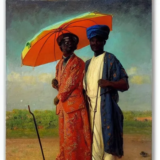 Prompt: portrait of king of dahomey outdoors dressed in airy clothing, with a servant holding an umbrella over him, 1905, brightly coloured oil on canvas, by ilya repin