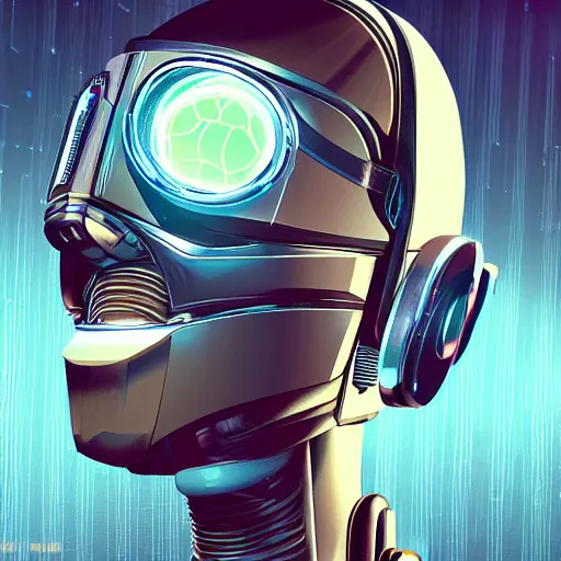 Prompt: retro vintage sci - fi, hollywood, cyborg robot wearing vr headset, 3 d illutration, profile portrait, night, detailed, cyberpunk style,