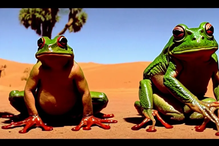Prompt: a giant frog sitting with boxer mike tyson in the desert, mike tyson with a toad, mike tyson movie directed by martin scorsese and christopher nolan, masterpiece, 8 h
