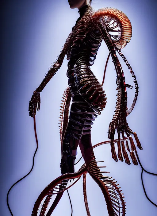 Image similar to walking down the catwalk, show, stage, vogue photo, podium, fashion show photo, historical baroque dress, iris van herpen, beautiful woman, full body shot, masterpiece, inflateble shapes, alien, plant predator, guyver, jellyfish, wires, veins, white biomechanical details, wearing epic bionic cyborg implants, highly detailed