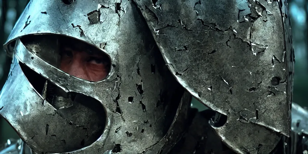 Image similar to film still of closeup the knight in shattered armor holds a bleeding heart by emmanuel lubezki