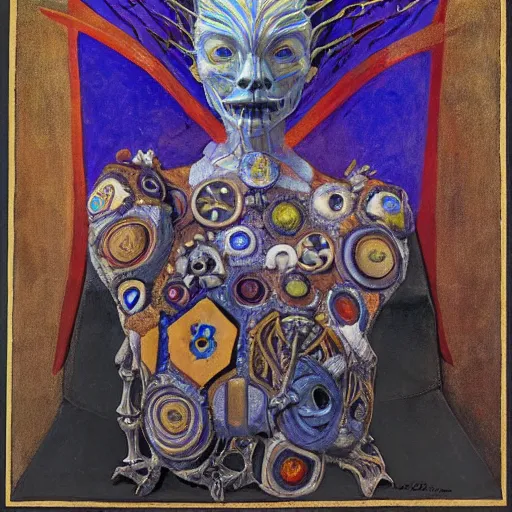 Prompt: the crown of madness and bones, by Annie Swynnerton and Nicholas Roerich and Diego Rivera, bioluminescent skin, elaborate costume, geometric ornament, symbolist, cool colors, smooth, sharp focus, extremely detailed