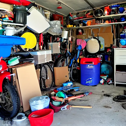 Prompt: garage filled with stuff by hoarder