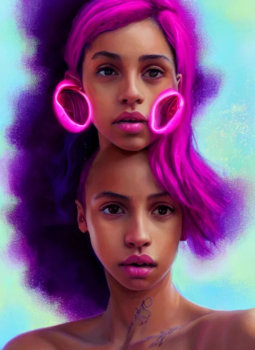 Image similar to portrait of teenage vanessa morgan with bright pink hair, black girl, curly pixie cut hair, wearing a purple breton cap, breton cap, hoop earrings, intricate, elegant, glowing lights, highly detailed, digital painting, artstation, concept art, smooth, sharp focus, illustration, art by wlop, mars ravelo and greg rutkowski