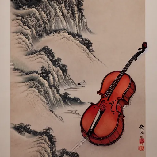 Image similar to a beautiful chinese coloerd ink painting of a cello surrended by montain and river, by Victo Ngai, Trending on artstation, light effect,detailed , high-definition,