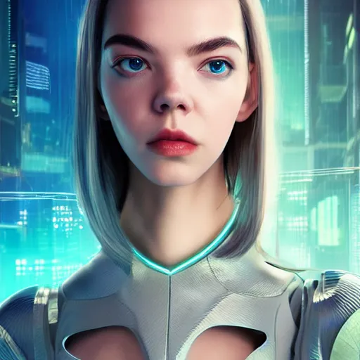 Prompt: full-length portrait of beautiful cyber lady Anya Taylor-Joy, cyberpunk, close-up perfect face, photorealistic, octane render, 35mm, beautiful big symmetric eyes, coherent, 4k, Unreal Engine, intricate details, concept art, volumetric lighting, trending or artstation, award winning, beautiful scenery, ray tracing