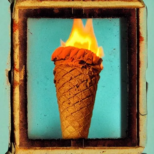 Prompt: a detailed color daguerreotype of a ice cream cone on fire