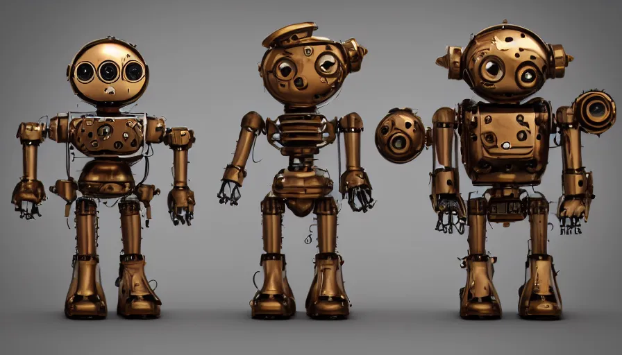 Image similar to two cute steampunk robots with human skin and large shiny eyes smiling and waving, isolated on white background, intricate details, 3D occlusion