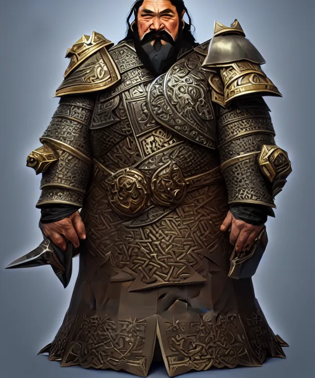 Image similar to 3D low poly render of old mongolian dwarven general portrait, armored, face, long hair, moustache, goatee, fantasy, intricate, elegant, highly detailed, digital painting, artstation, concept art, smooth, sharp focus, illustration, art by artgerm and greg rutkowski and alphonse mucha, in style of wold of warcraft