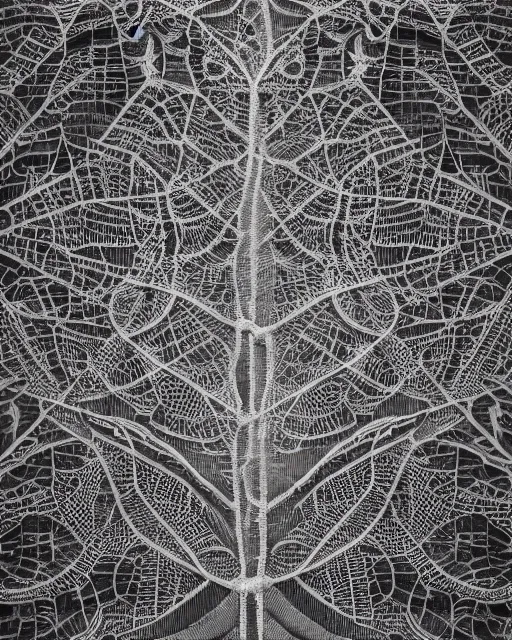 Image similar to close up of a retina, made of intricate decorative lace leaf skeleton, in the style of the dutch masters and gregory crewdson, dark and moody
