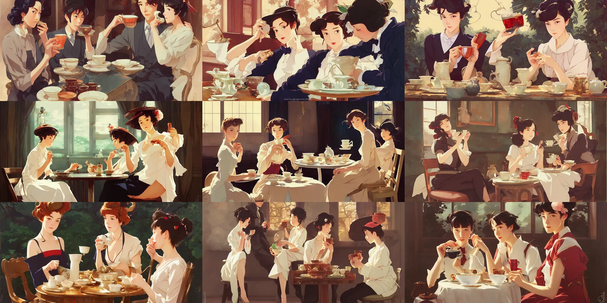 Prompt: drinking tea, in the style of studio ghibli, j. c. leyendecker, greg rutkowski, artgerm