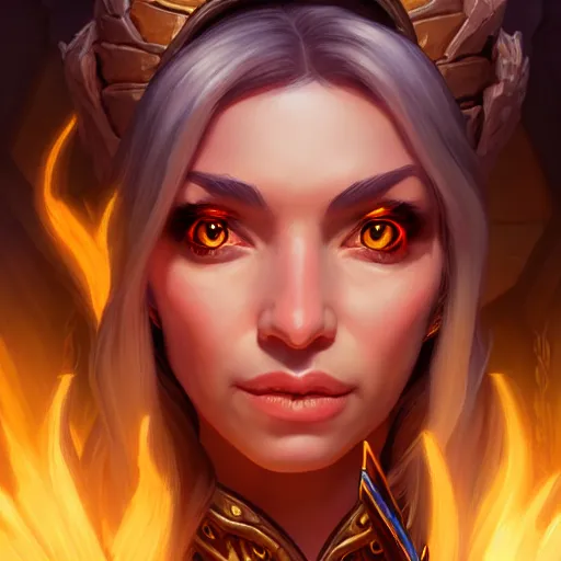 Image similar to Portrait of a sorceress, Hearthstone official trending art, exagerated accurate details, trending on MasterpieceStation in category 'Perfect identical eyes', hyperdetailed, artstation, cgsociety, 8k