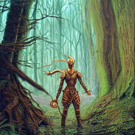 Image similar to a detailed, beautiful oil painting of a warrior wearing intricate, etched copper armor in an ancient forest, by michael whelan