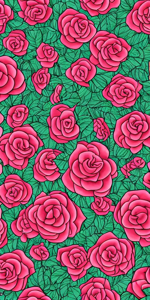 Image similar to seamless pattern of beautiful roses with leaves and throns, tattoo style, symmetrical, repeating 35mm photography