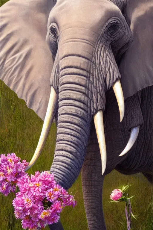 Image similar to elephant holding flowers in its trunk, oil on canvas, intricate, portrait, 8 k highly professionally detailed, hdr, cgsociety