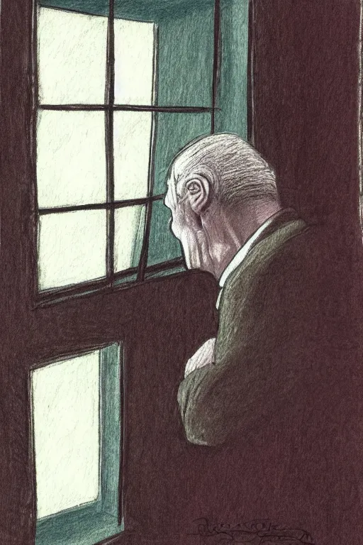 Image similar to an older man looking out the window by raymond briggs, very coherent and colorful high contrast, pencil drawing, sad lighting, somber mood