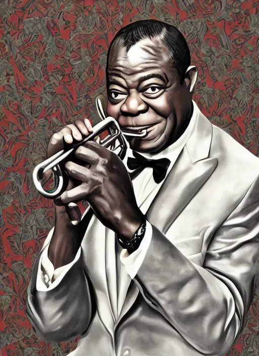 Prompt: a portrait of louis armstrong, by kehinde wiley, dramatic lighting, highly detailed digital painting