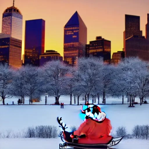 Image similar to santa claus in a sleigh with reindeers in front of world trade center with a beautiful sunset in the background