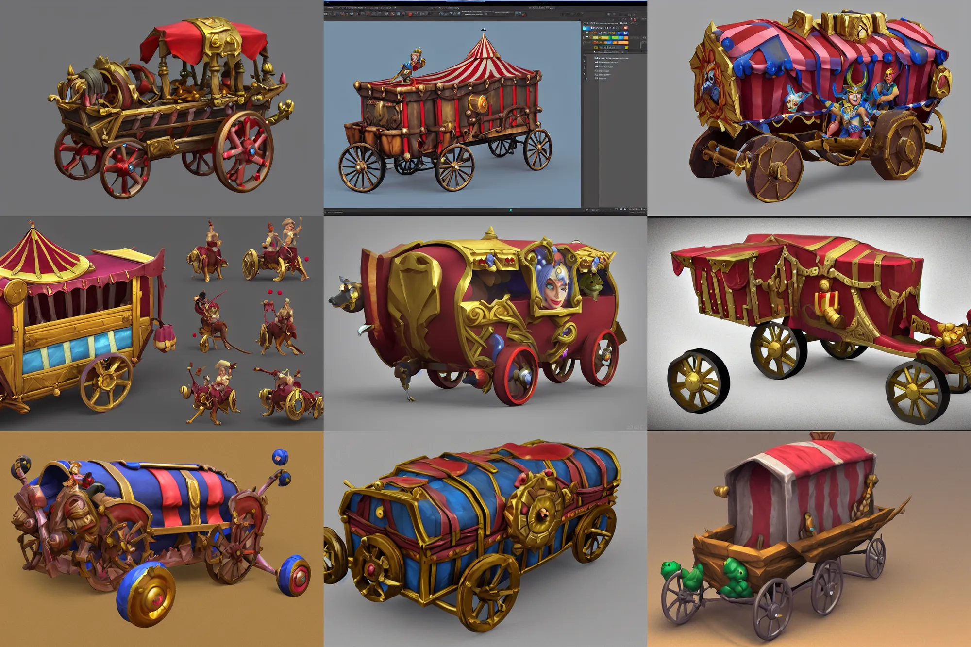 Prompt: 3d sculpt of a circus wagon, artstaton, League of Legends, digital illustration