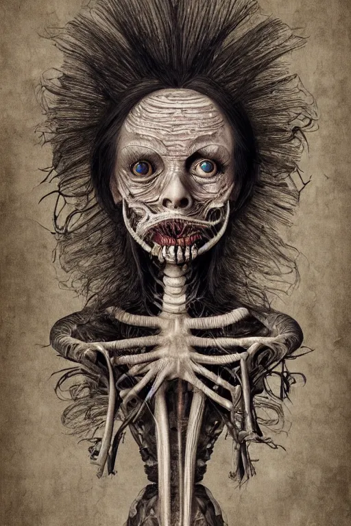 Image similar to Detailed maximalist portrait of a beautiful old woman with large lips and eyes, scared expression, botanical skeletal with extra flesh, HD mixed media, 3D collage, highly detailed and intricate, surreal illustration in the style of Caravaggio, dark art, baroque, centred in image