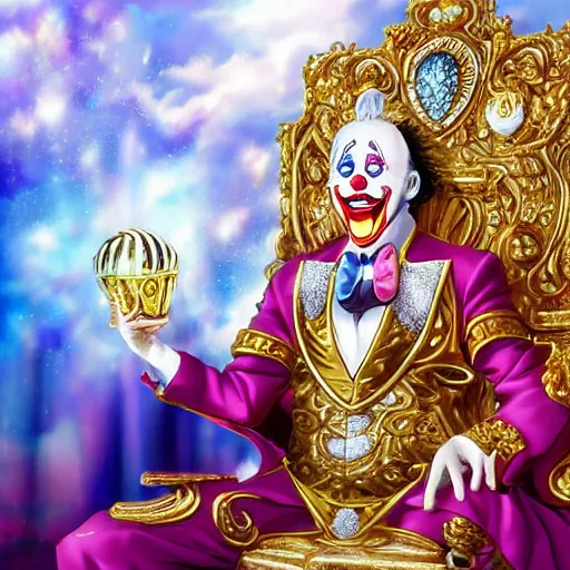 Image similar to anime of a shining majestic throne made of millions of diamonds, gold and zaphires with thousands of light reflections, and a clown on a tuxedo suit is sitting on the throne while handing a golden balloon, dramatic light, digital painting, ultradetailed, artstation, oil painting, ultradetailed, artstation