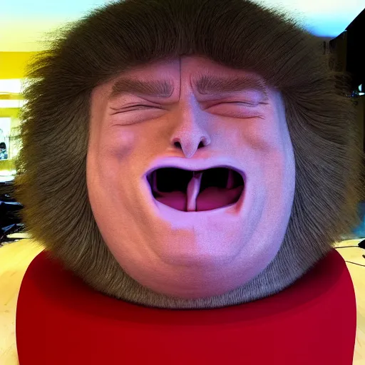 Image similar to fluffy haired donald trump, monster smilling, 3 d.