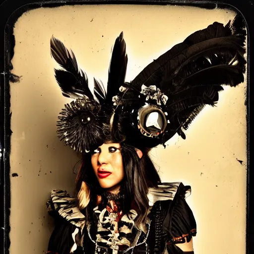 Prompt: black raven feathers , darkening the sky a mariachi band steampunk rose large ears and uncut, a wetplate daguerrotype trending on deviantart