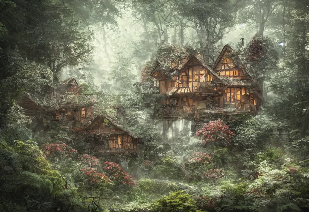 Image similar to a house sitting in a forest, wallpaper, ornate, beautiful, atmosphere, vibe, flowers, concept art illustration, color page, 4 k, tone mapping, doll, akihiko yoshida, james jean, andrei riabovitchev, marc simonetti, yoshitaka amano, digital illustration, greg rutowski, volumetric lighting, sunbeams, particles