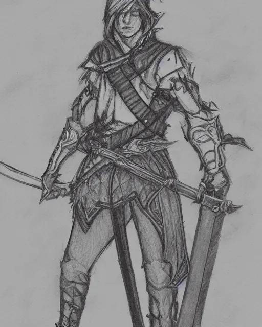 Image similar to a pencil concept art of a D&D character, holding a sword mad by Pen Tacular