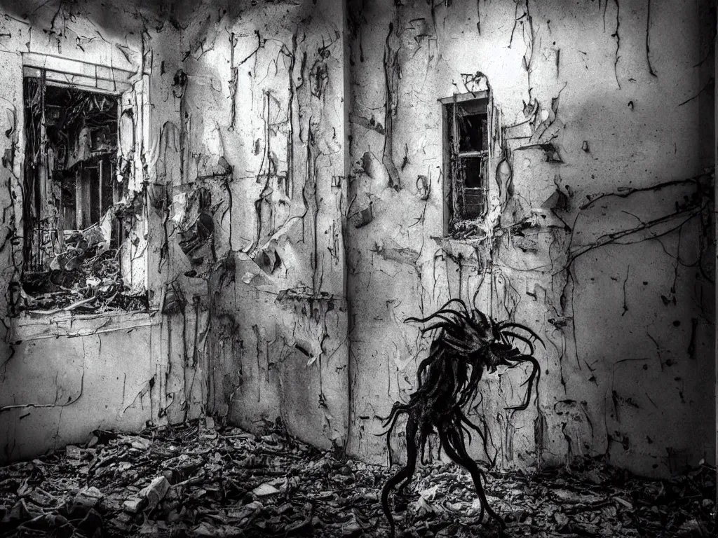 Prompt: mutant hunchback creature lurking in the corner of a room in an abandoned building, color photograph, realistic, dirty windows, debris, tentacle beast, dust, bleak apocalyptic style, creepypasta, ominous vibe, sharp fangs