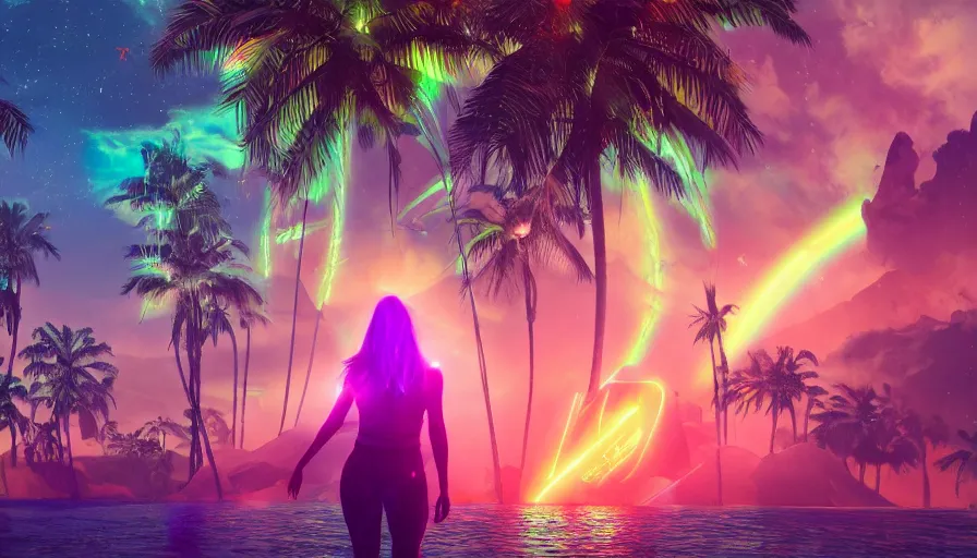 Image similar to science fiction landscape, glowing woman from the future, colorful creatures and neon green palm trees, soft rainbow in the background, shape shifting water, falling stars, deviant art, unreal engine, realistic shading, realistic render, octane render, detailed textures, photorealistic, wide shot