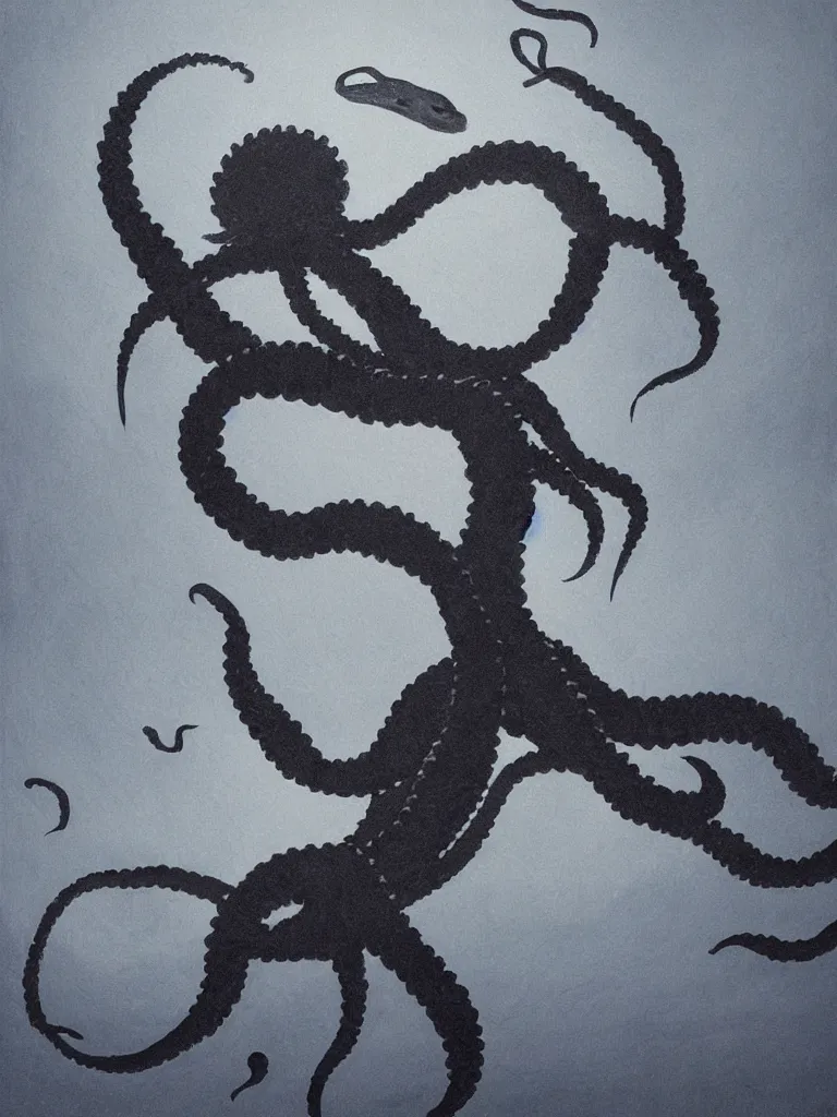 Prompt: minimalist painting of a kraken hidden in the depths of the ocean, detailed, dark, ominous