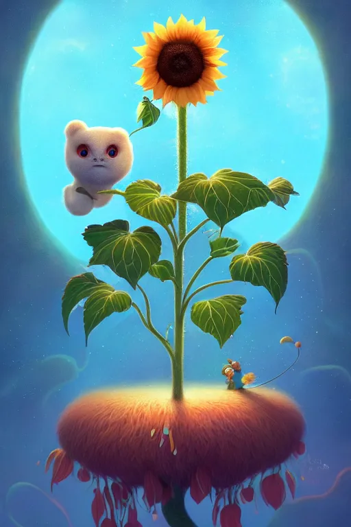 Prompt: a surreal Bioluminescent, very very very cute sunflower in a happy world by Daniel Merriam, Trending on Artstation, oil on Canvas by Elena Zhurikhina and Goro Fujita and Charlie Bowater, octane render, 4k, 8k, HD