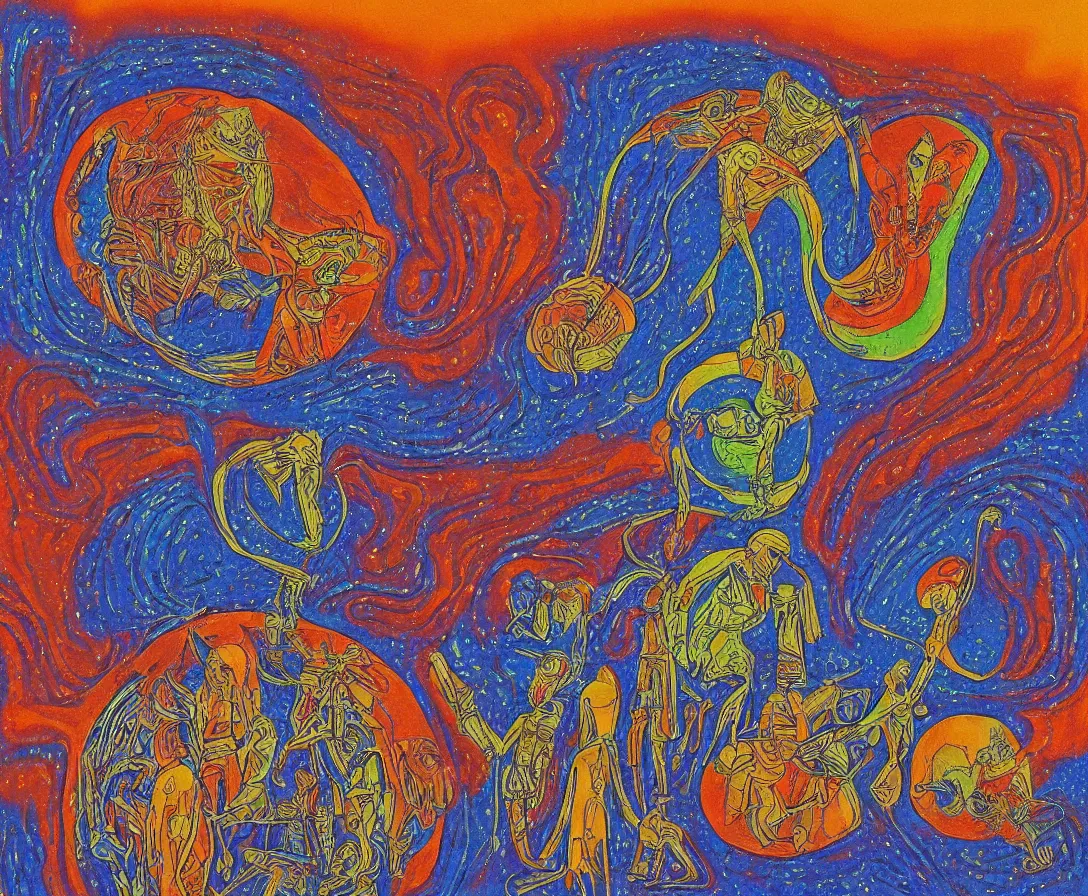 Prompt: spiritual ufo encounter, gouache, stylised, by mati klarwein and moebius