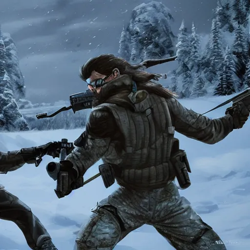 Image similar to Solid Snake and Gordon Freeman fight on an abandoned military base, winter, very detailed, hyper realism, epic, close-up fight, digital art, concept art, illustration, artstation, cgi, 4k